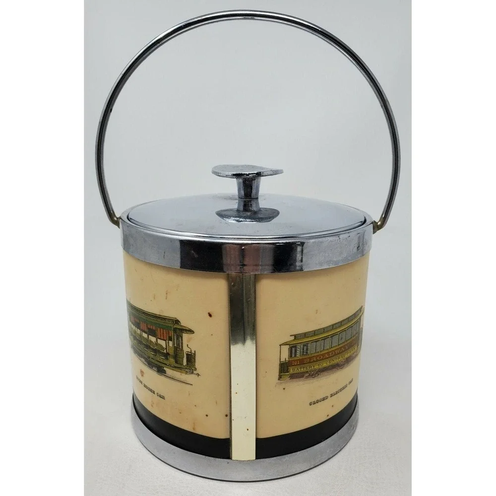 Serv-Master Ice Bucket San Francisco Trolley Cars Chrome Vintage 1960s Cream 1pc